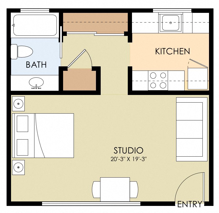Floor plan for studio, 1 bath, 388 sqft